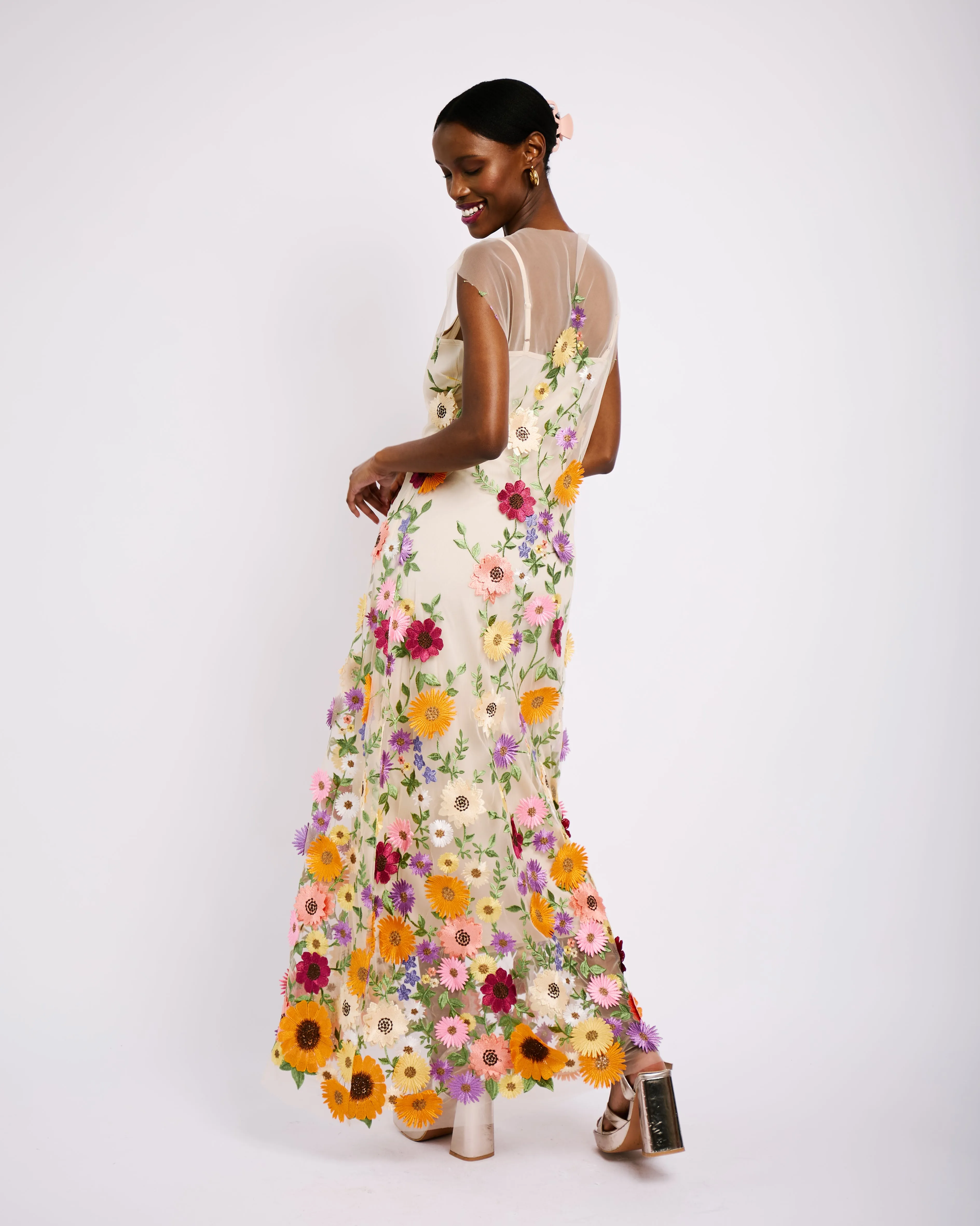 Matte Tone Tunic Dress in Border applique flowers