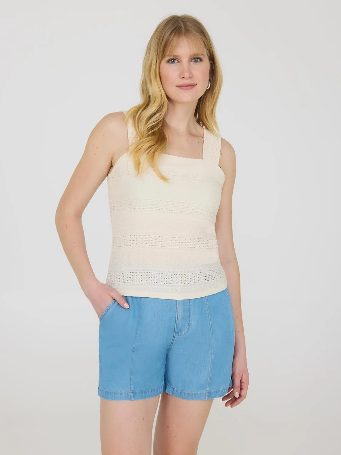 Eyelet Crochet Wide Strap Tank Top AbrasionResistant Material Flexible Fabric Blend