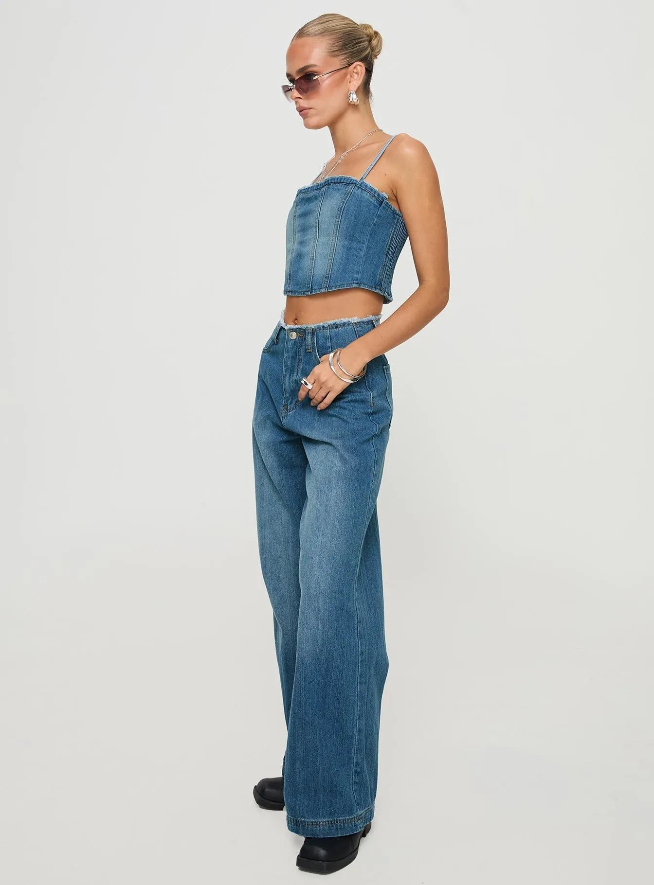 Vihaan Wide Leg Pants Blue Wash Mid Rise Fit Odor Control Coating