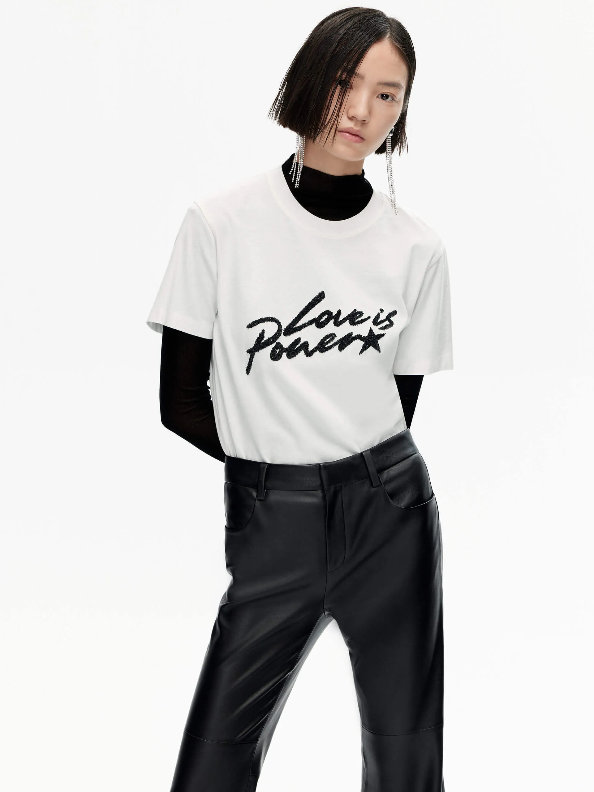 Ultra Soft Texture Layered Sleeve Construction Letter Slogan Cotton T-shirt