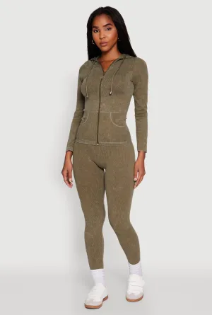 Seamless Rib Knit Acid Wash Leggings Moisture Managing