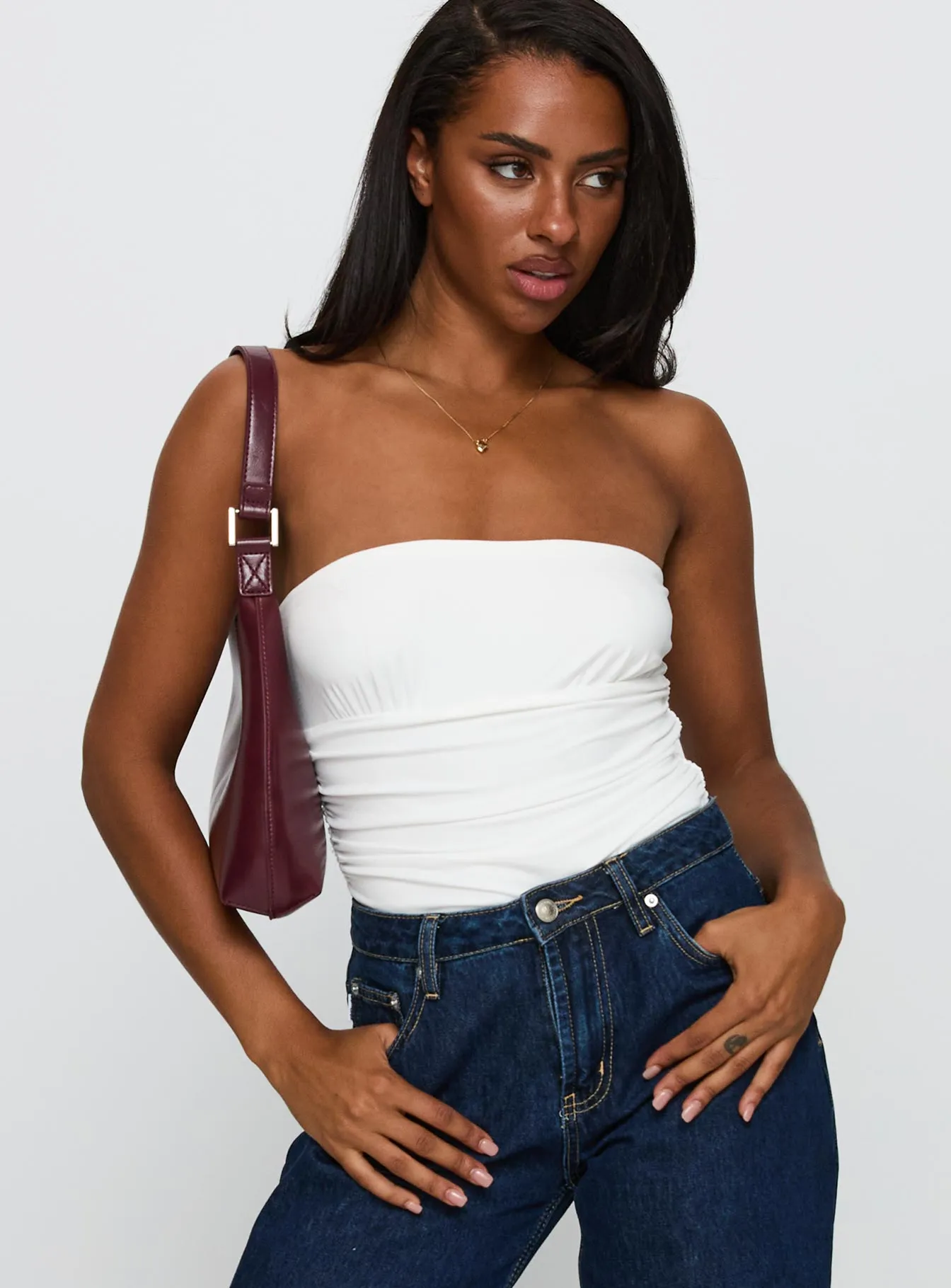Coincidence Strapless Ruched Bodysuit White Flexible Hot