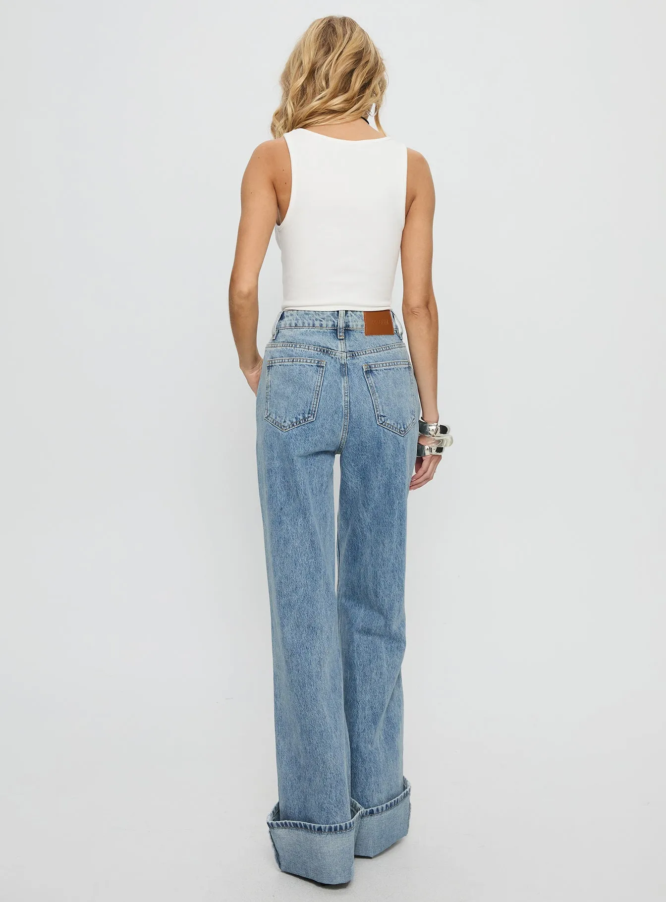 Florida Keys Mid Rise Straight Leg Cuffed Jeans Light Blue Wash Soft Texture Style Appropriate