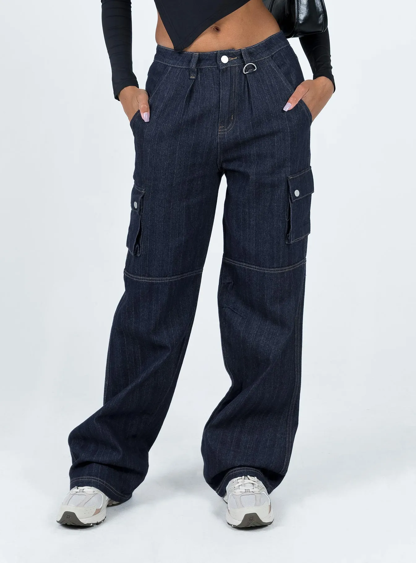 High Quality Bold Look Summer Vibes Daily Attire Paige Mid Rise Baggy Cargo Jeans Dark Wash
