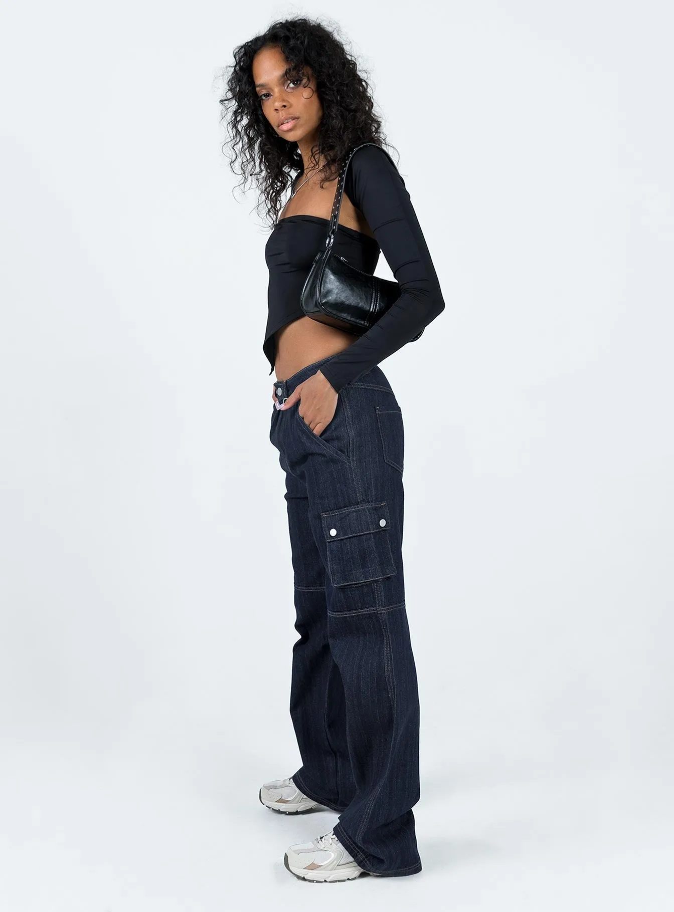 Paige Mid Rise Baggy Cargo Jeans Dark Wash Soft Finish Clean Fashion