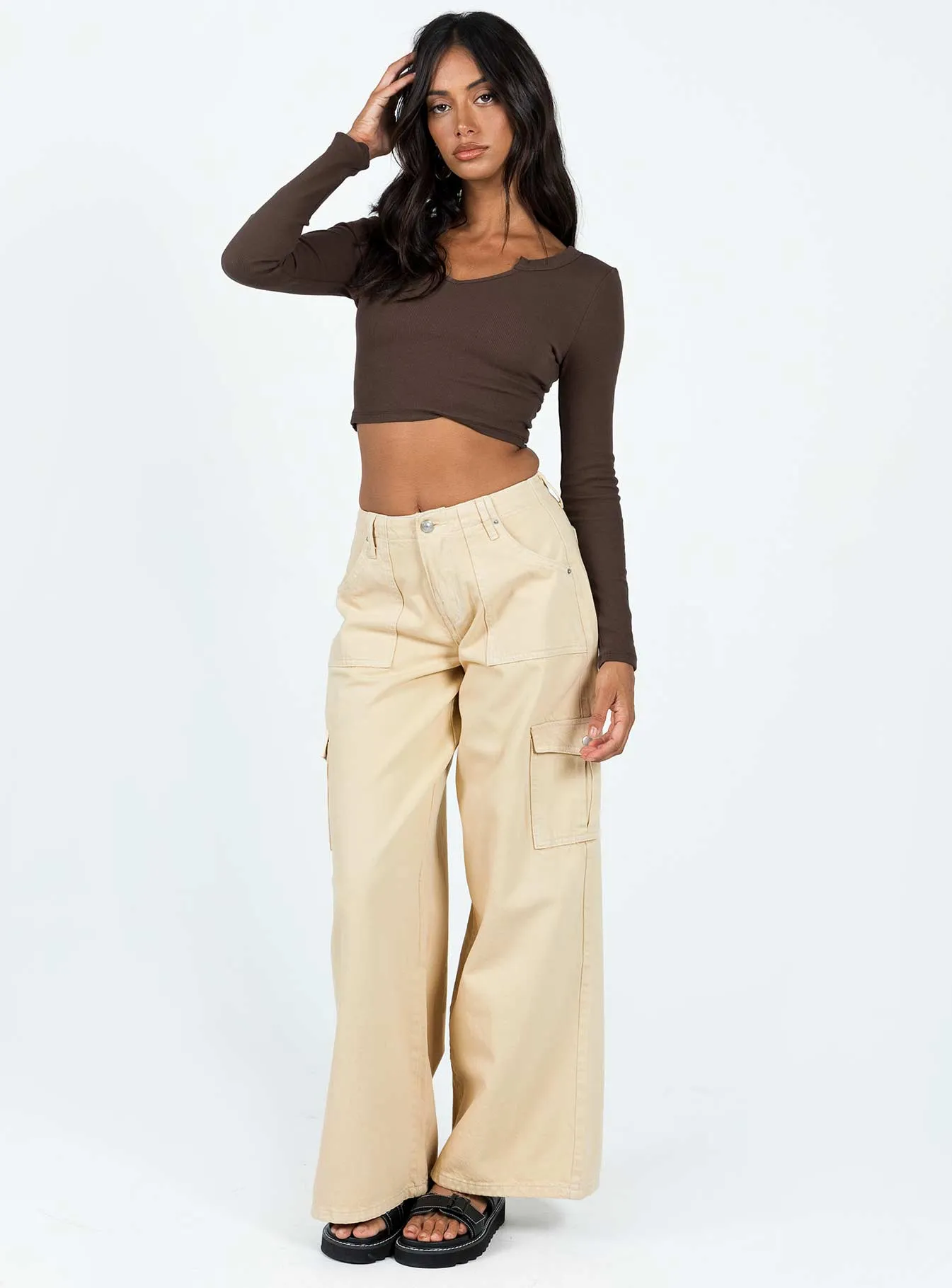 abrasion resistant coating Adrianne Wide Leg Cargo Jeans Stone