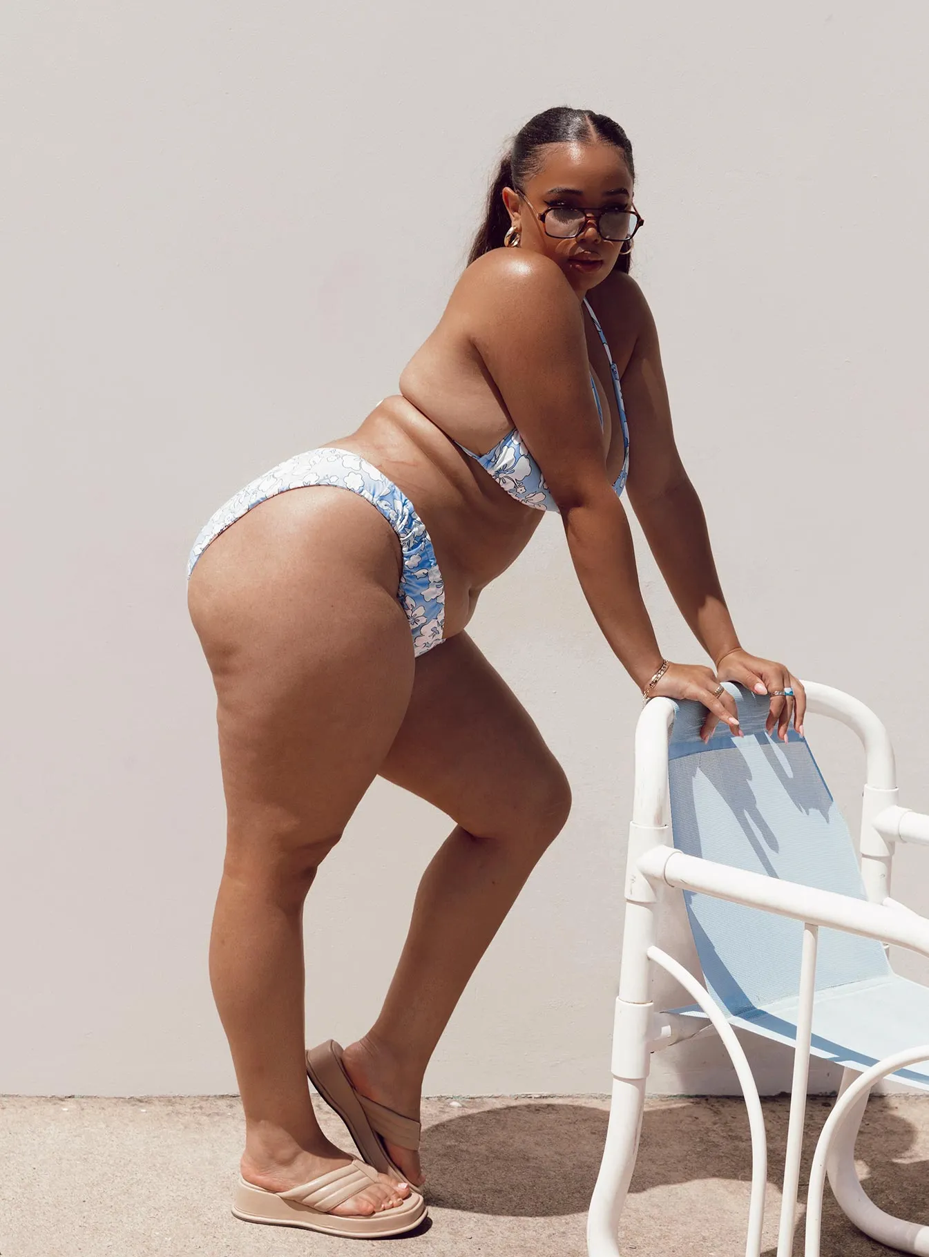 Four Way Stretch Wonda Hawaiian Floral Bikini Bottom Blue Curve