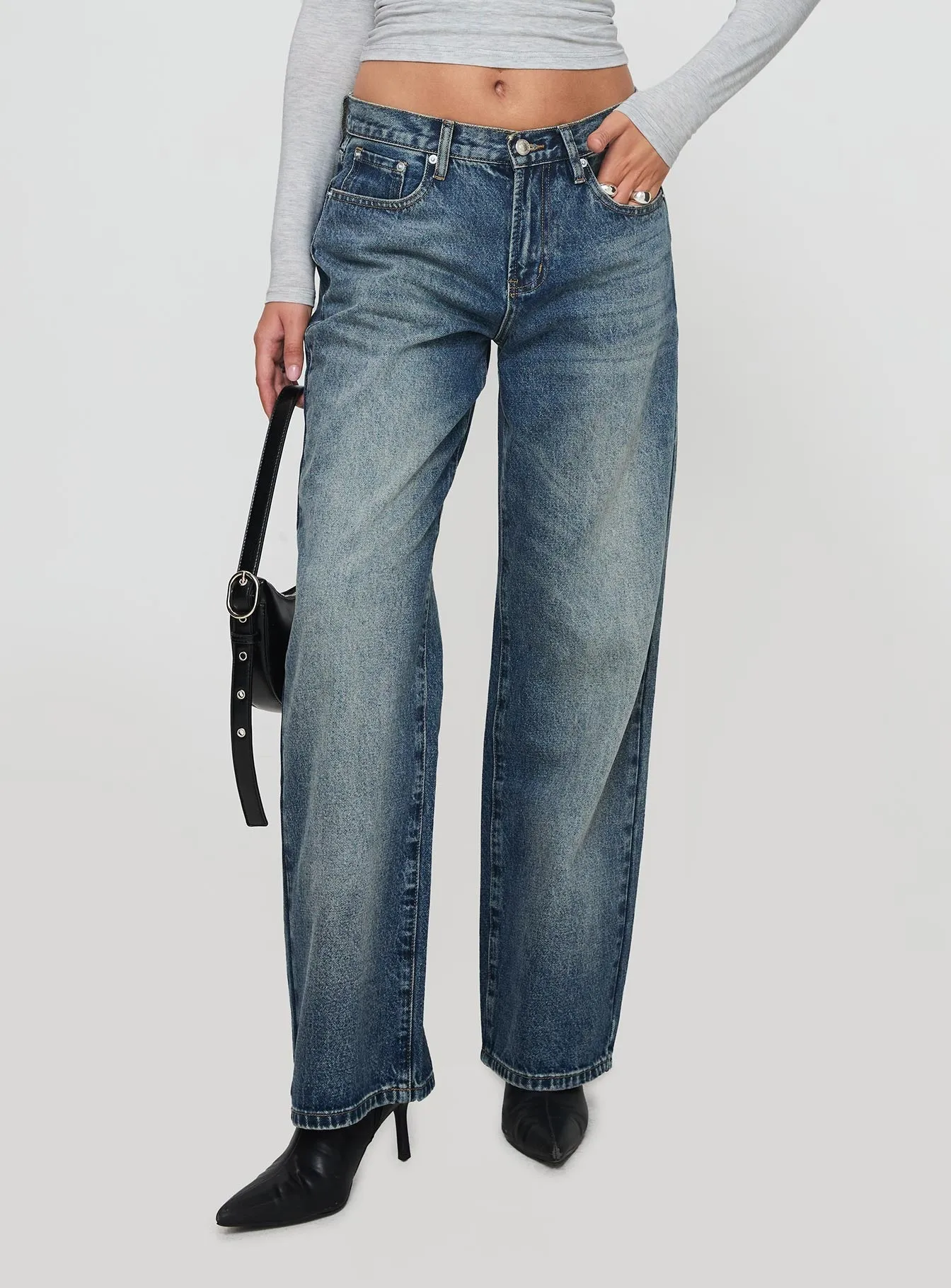 Glazed Straight Leg Denim Jeans Mid Blue Slim Silhouette Neutral palette