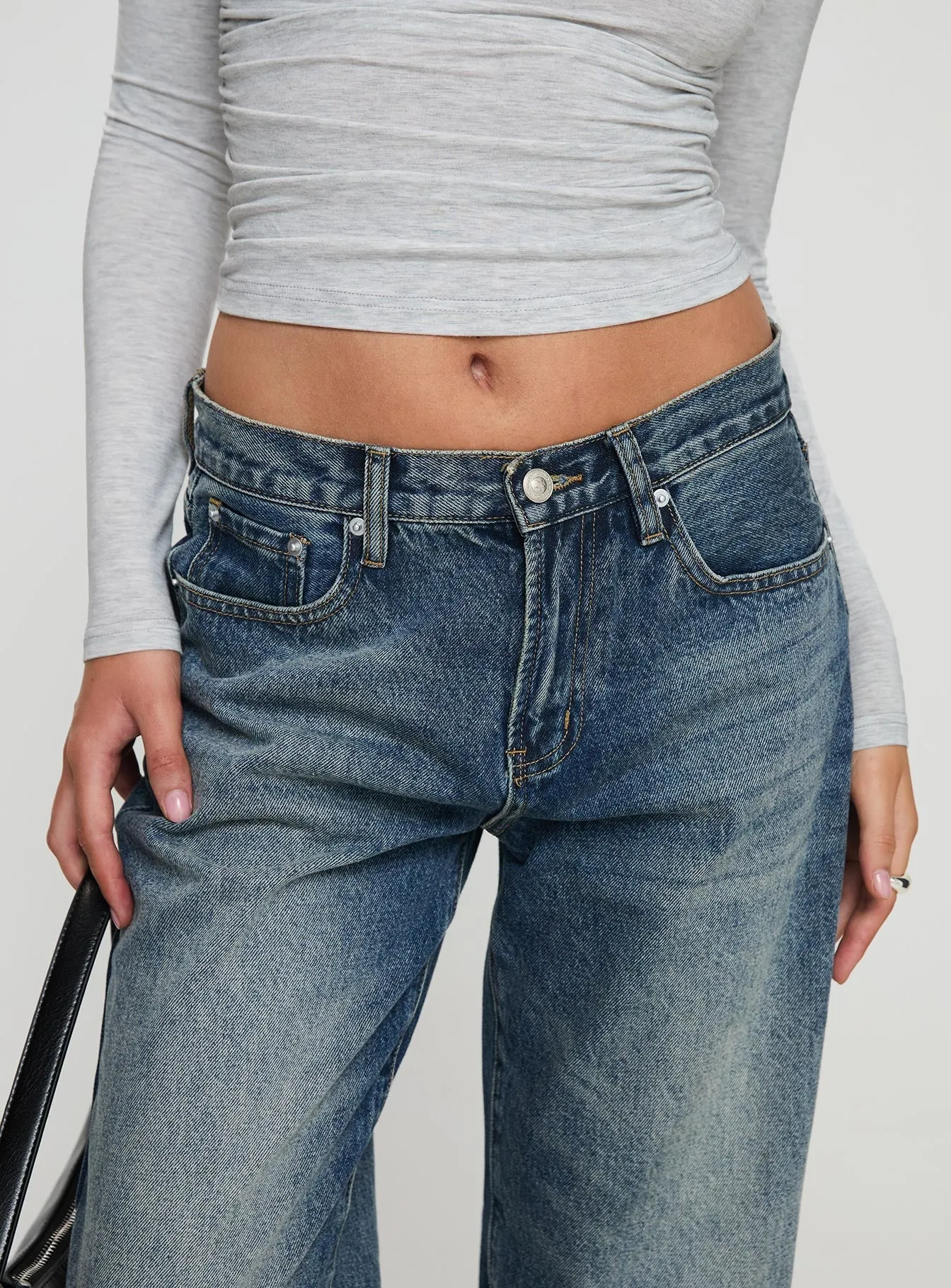 Glazed Straight Leg Denim Jeans Mid Blue Street Basics Barrel Leg Construction