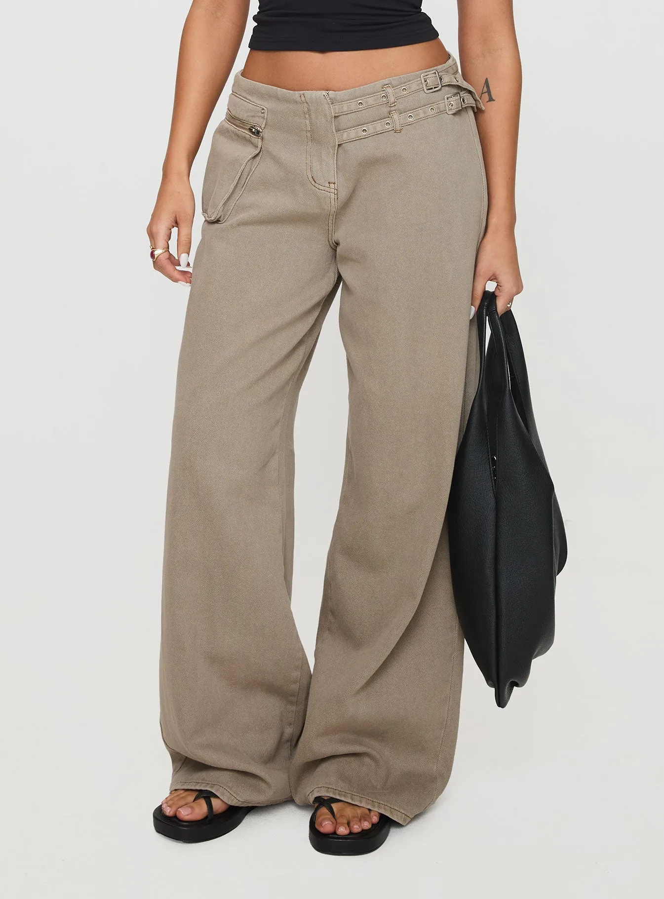 Festival Outfit Professional Wear All Round Piece Paltrow Mid Rise Wide Leg Cargo Jeans Washed Brown Petite