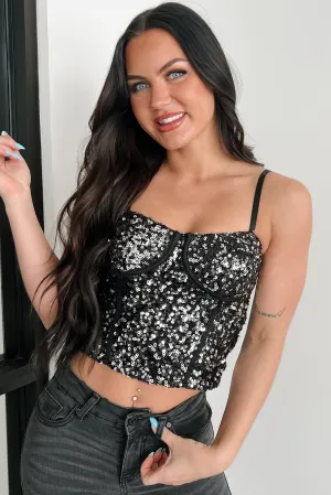 Gleaming Goddess Sequin Corset Top (Black/Silver) Double Layer