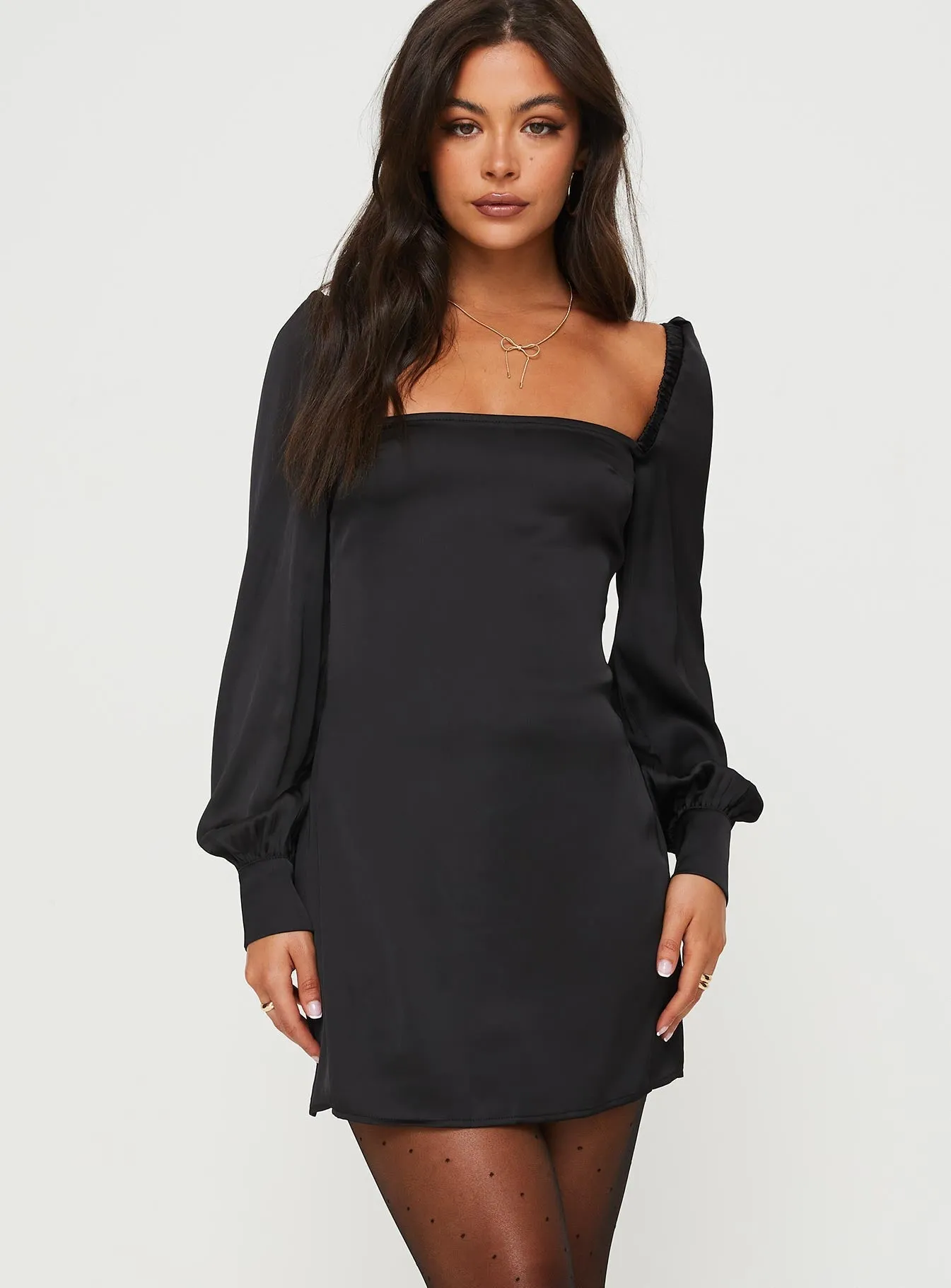 Chic Design Breathable Lining Cottee Satin Mini Dress Black