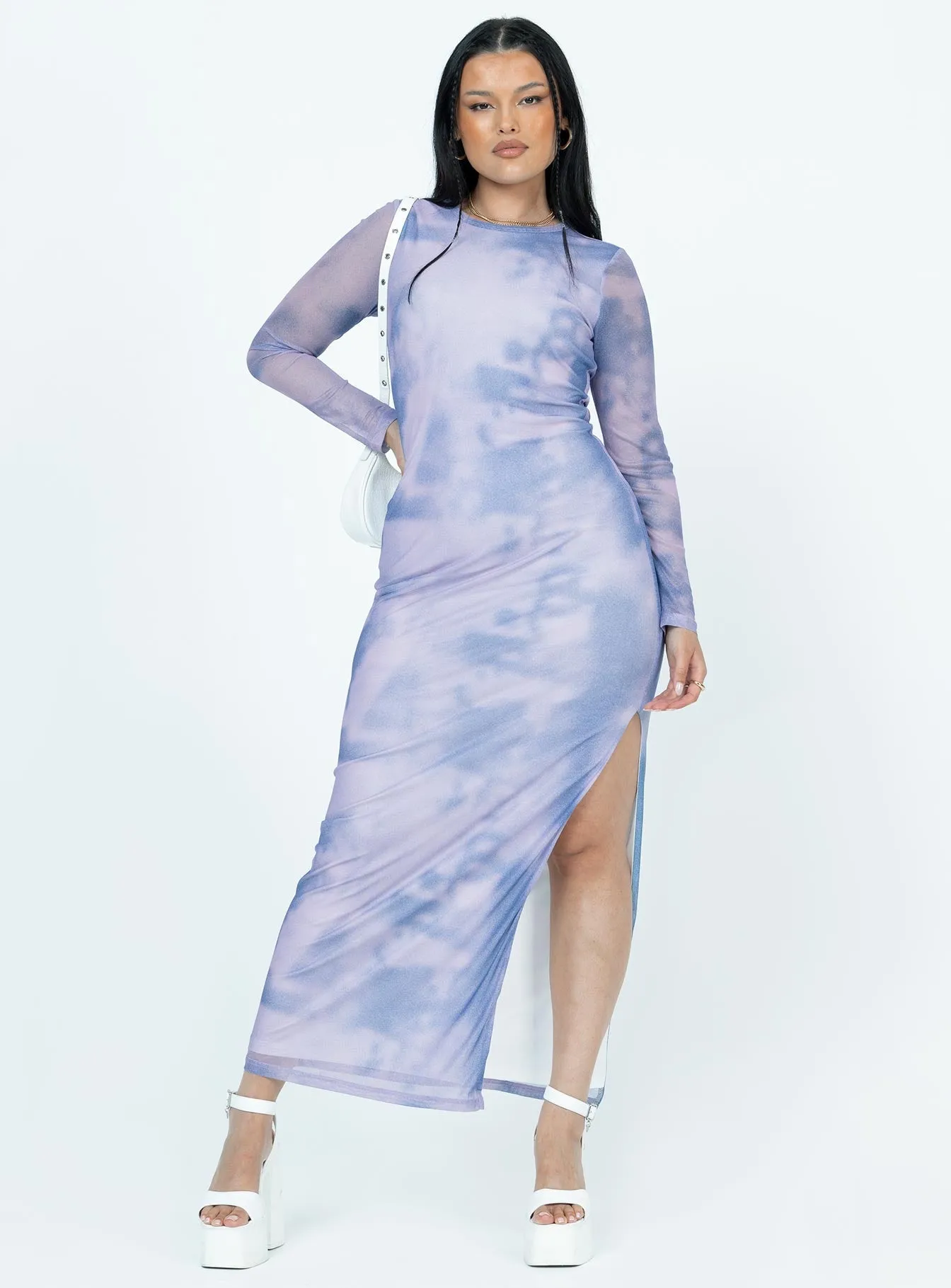 Harlowe Mesh Maxi Dress Blue Multi Side Slit