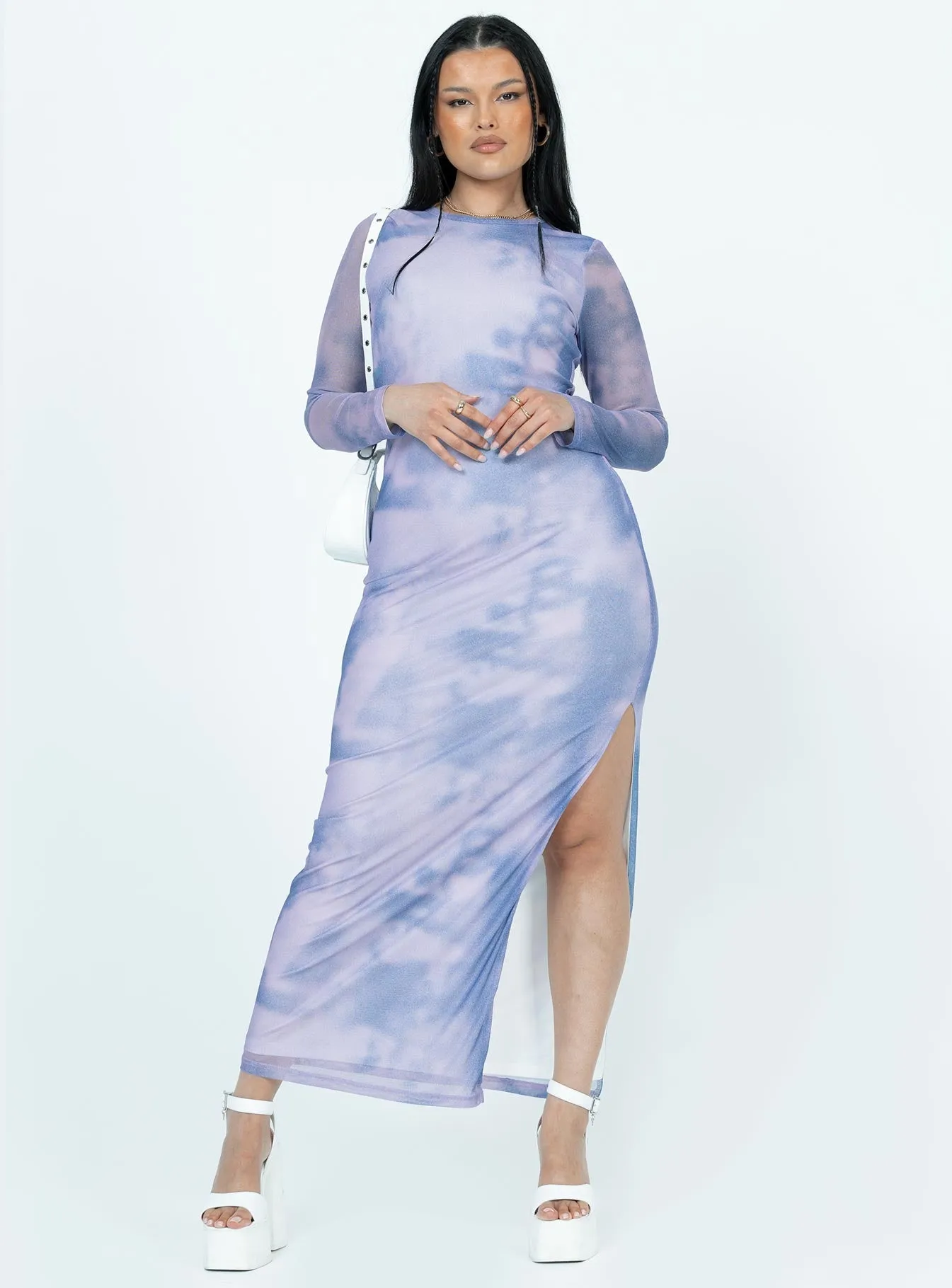 Velvet Glow Evening Mist Harlowe Mesh Maxi Dress Blue Multi