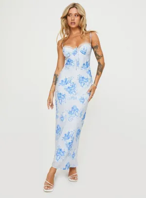 Hamri Maxi Dress White / Blue Floral Pool side Still Lake
