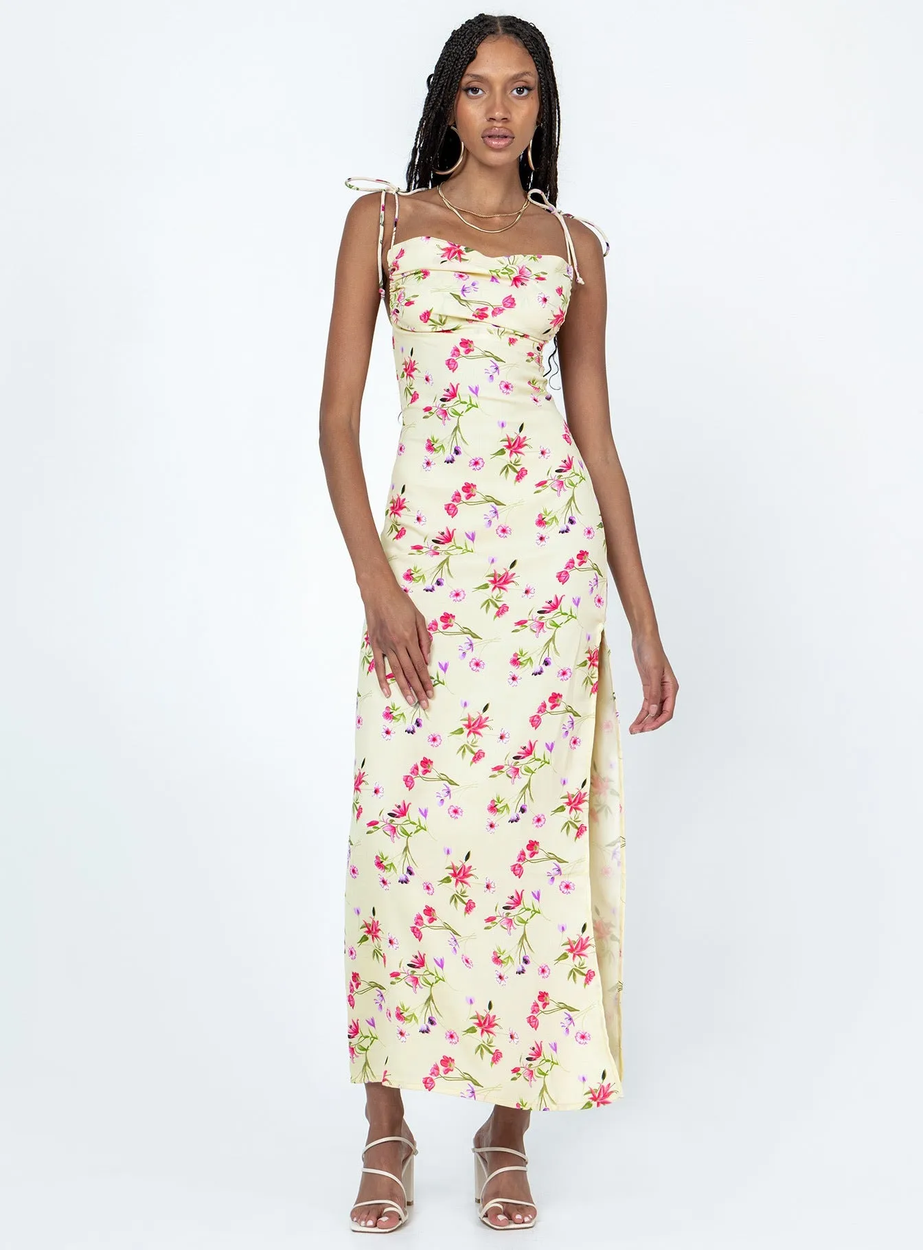 Arness Maxi Dress Yellow Floral Sage Green Print Glow