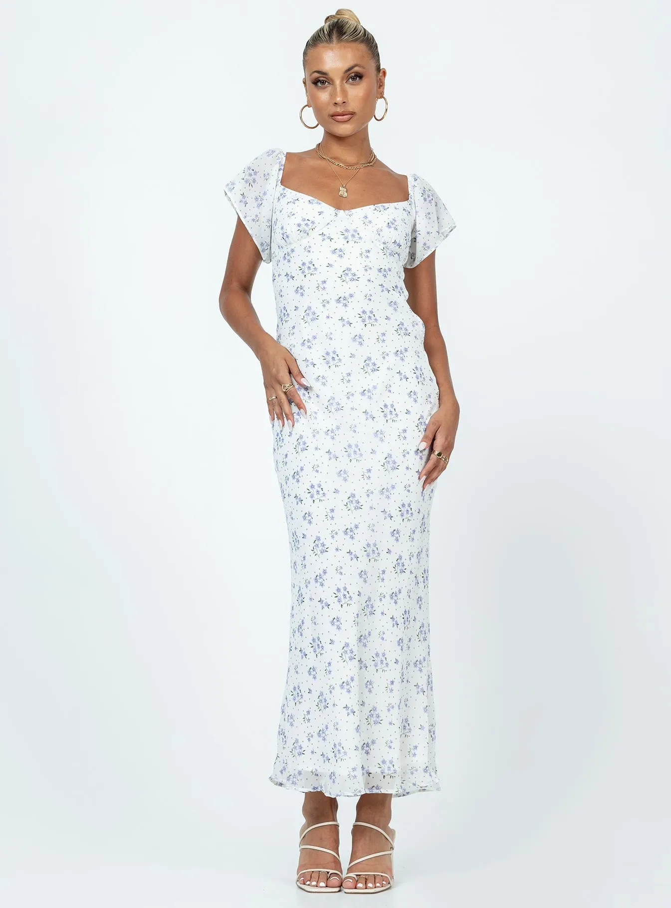 Hera Maxi Dress White Floral Bronze Glow Pine Path