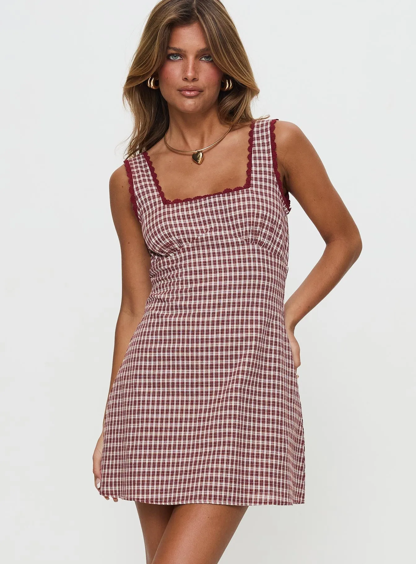 High Thread Count Cotton Flexible Knit Structure Dasha Mini Dress Red Check
