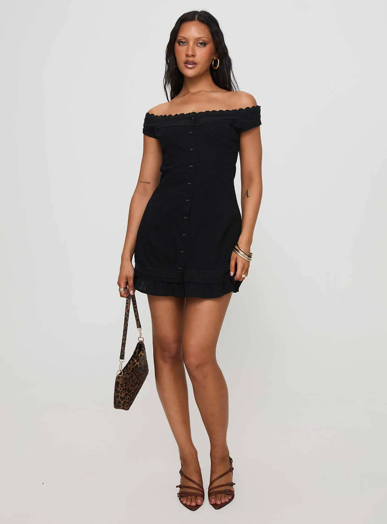 Mirrorball Off The Shoulder Mini Dress Black Flattering Fit