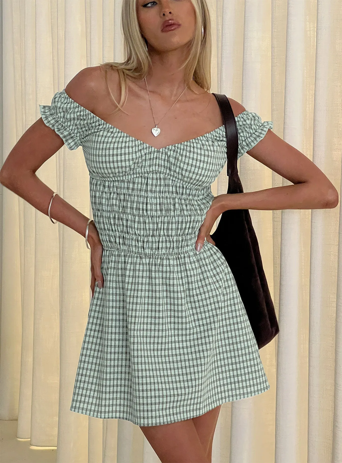 Olwen Ruched Romper Green Check Bar Glow Floral Vibe