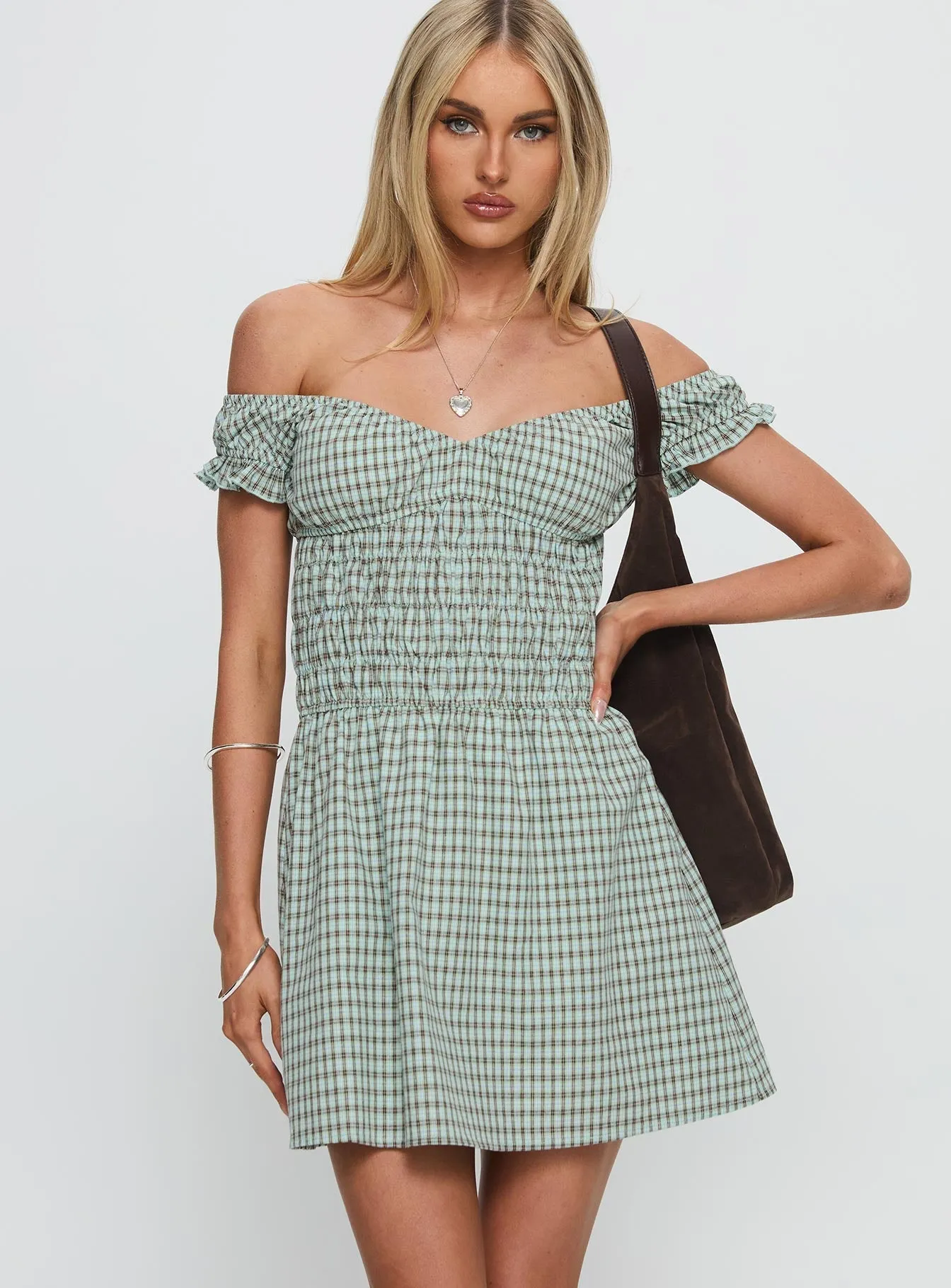 Flattering Silhouette Olwen Ruched Romper Green Check