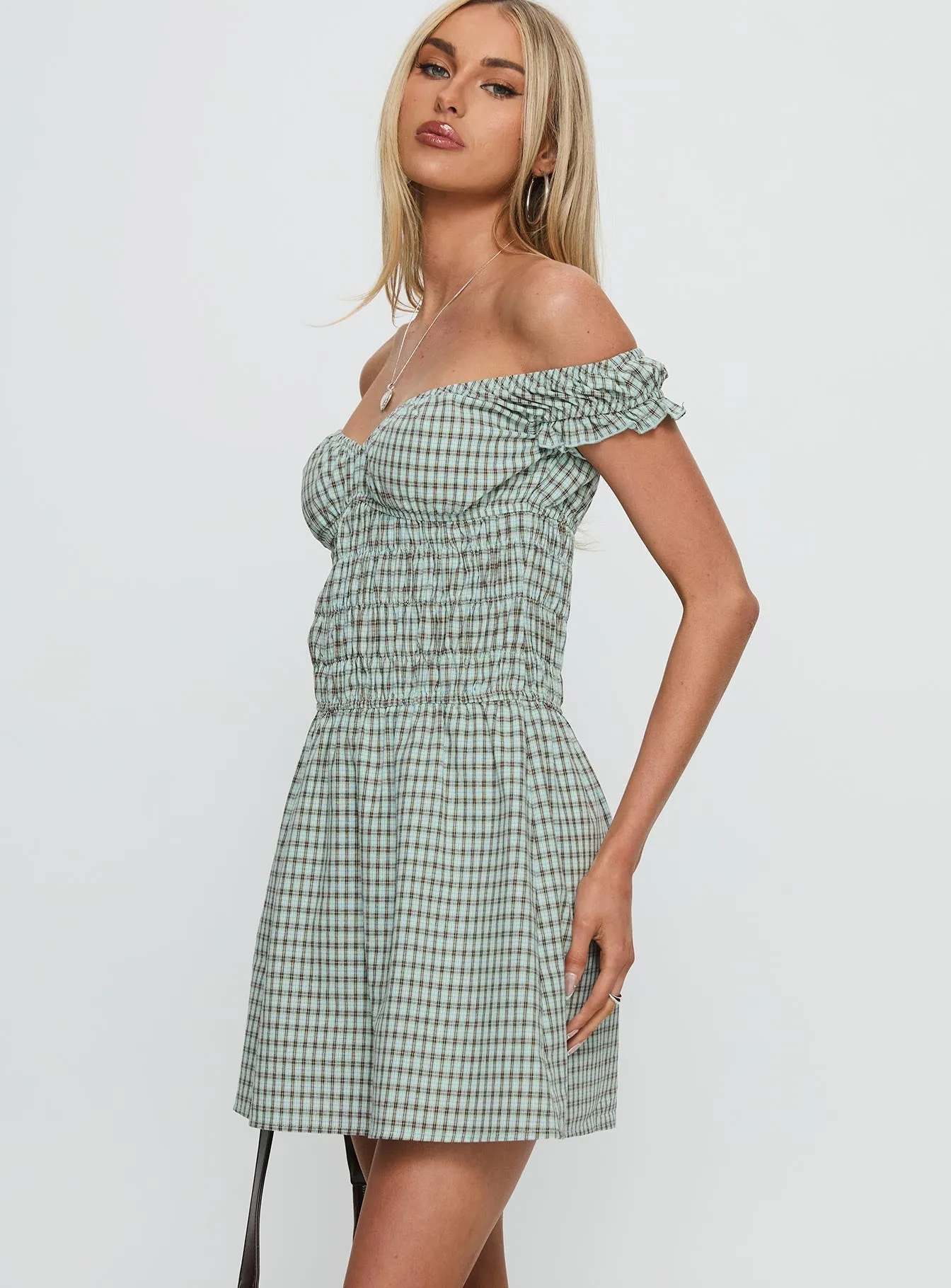 Olwen Ruched Romper Green Check Party Ready