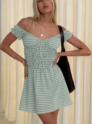 Olwen Ruched Romper Green Check Bar Glow Floral Vibe