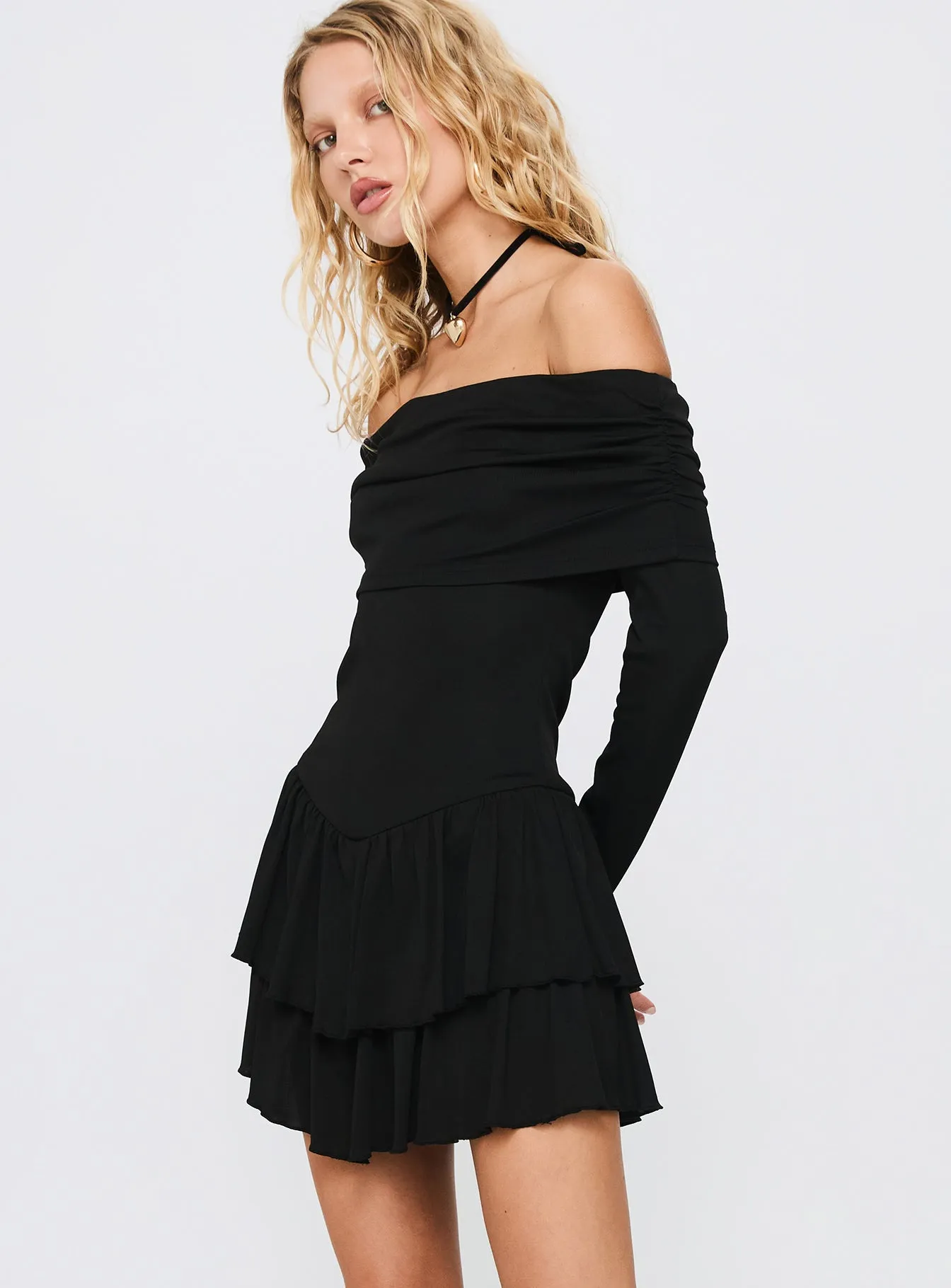Star Beat Wispy Off Shoulder Playsuit Black