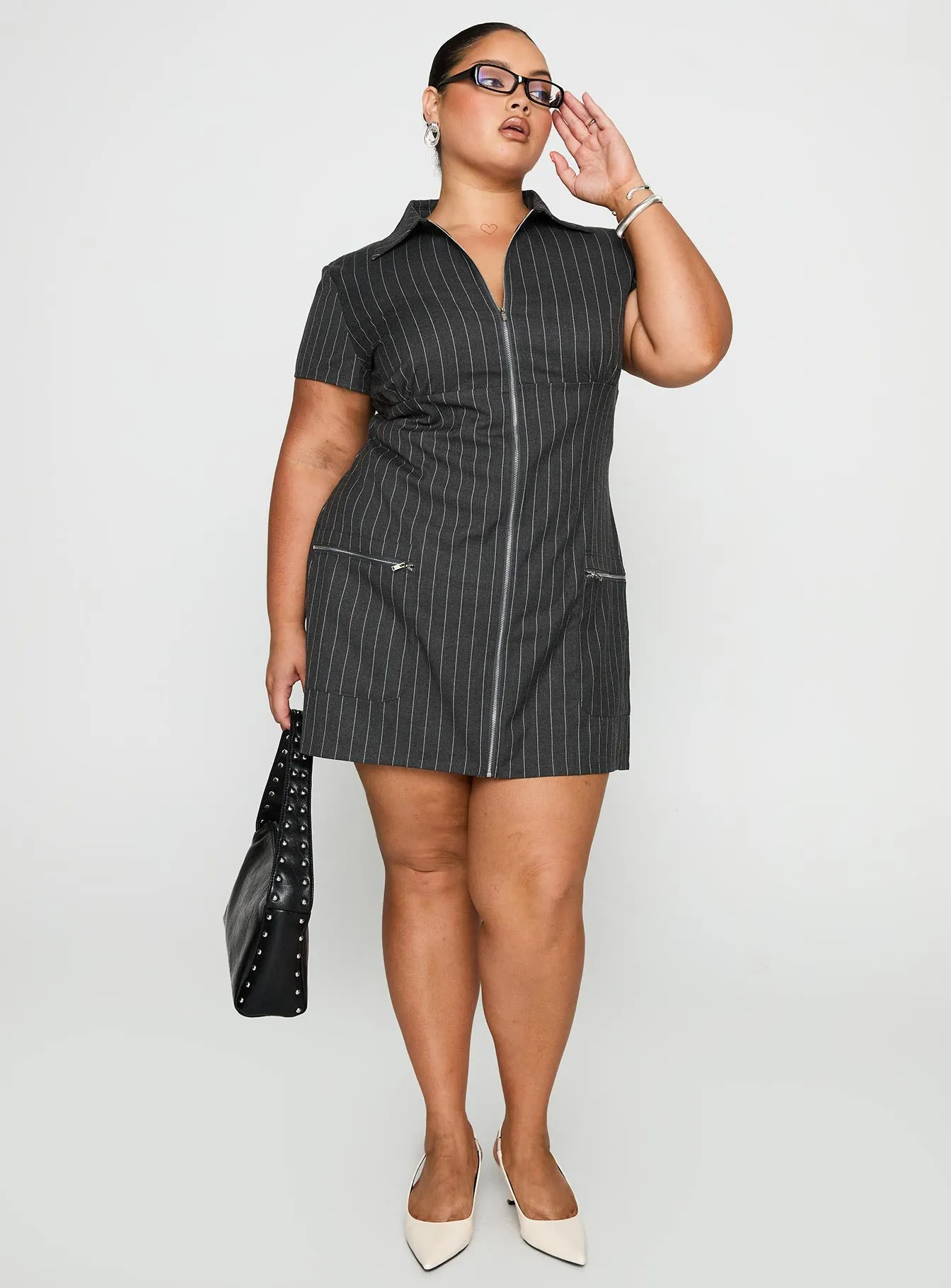 Full Circle Skirt Pattern Scene Warm Wynona Mini Dress White / Grey Pinstripe Curve