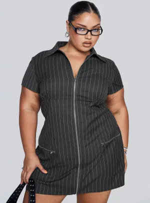 Wynona Mini Dress White / Grey Pinstripe Curve Stylish mini with ruffles Floral Look