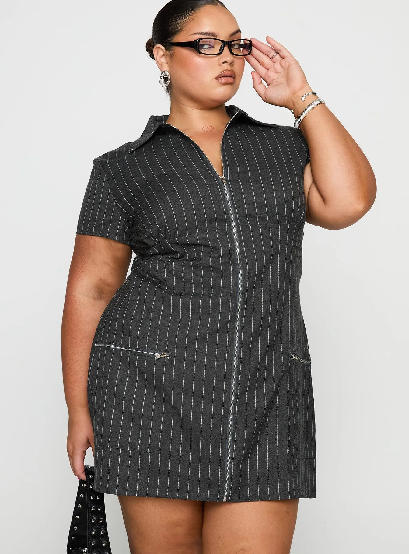 Full Circle Skirt Pattern Wynona Mini Dress White / Grey Pinstripe Curve