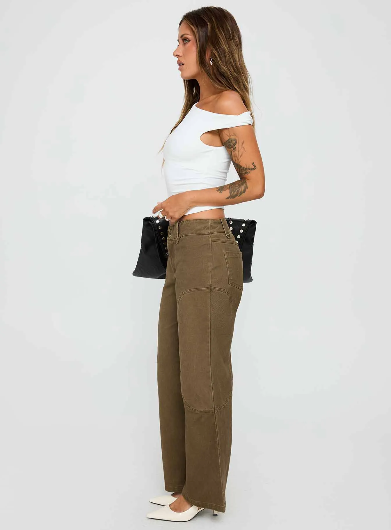 Cuzco Low Rise Flared Cargo Jeans Dark Khaki Street Fashion Affordable