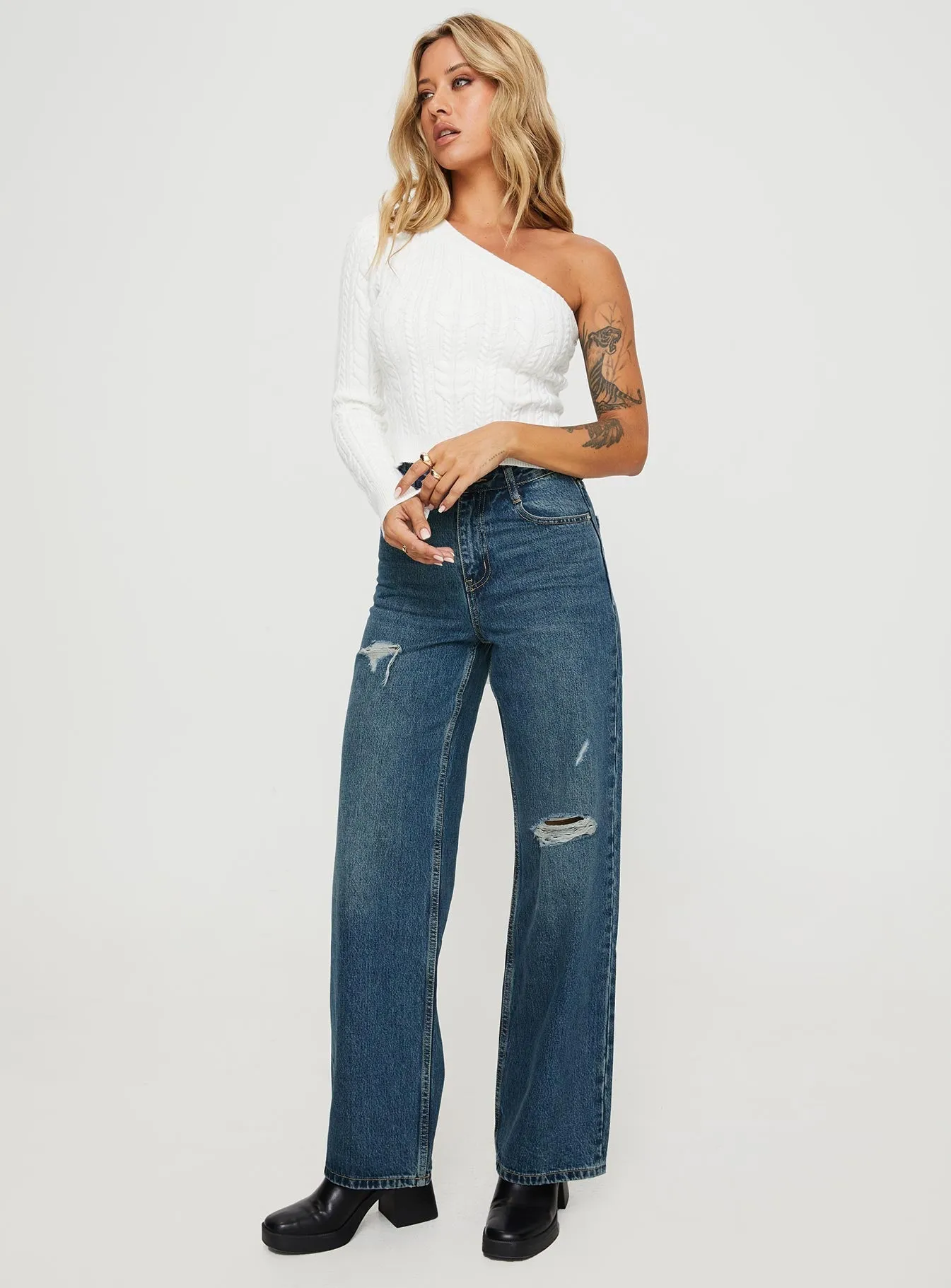Daily Attire Beetle High Rise Wide Leg Ripped Jeans Mid Wash