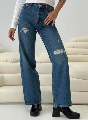 Simple Fit Comfortable clothing Beetle High Rise Wide Leg Ripped Jeans Mid Wash