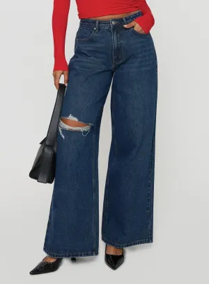 Everyday Pick Earthy Soft Naylor Rip Mid Rise Wide Leg Jeans Dark Blue Wash