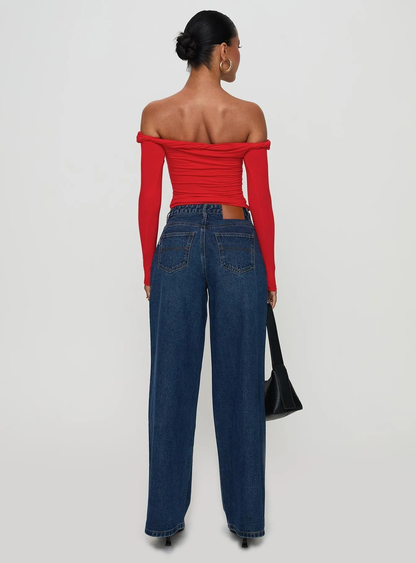 Cool Essentials Bartack Stitching Naylor Rip Mid Rise Wide Leg Jeans Dark Blue Wash
