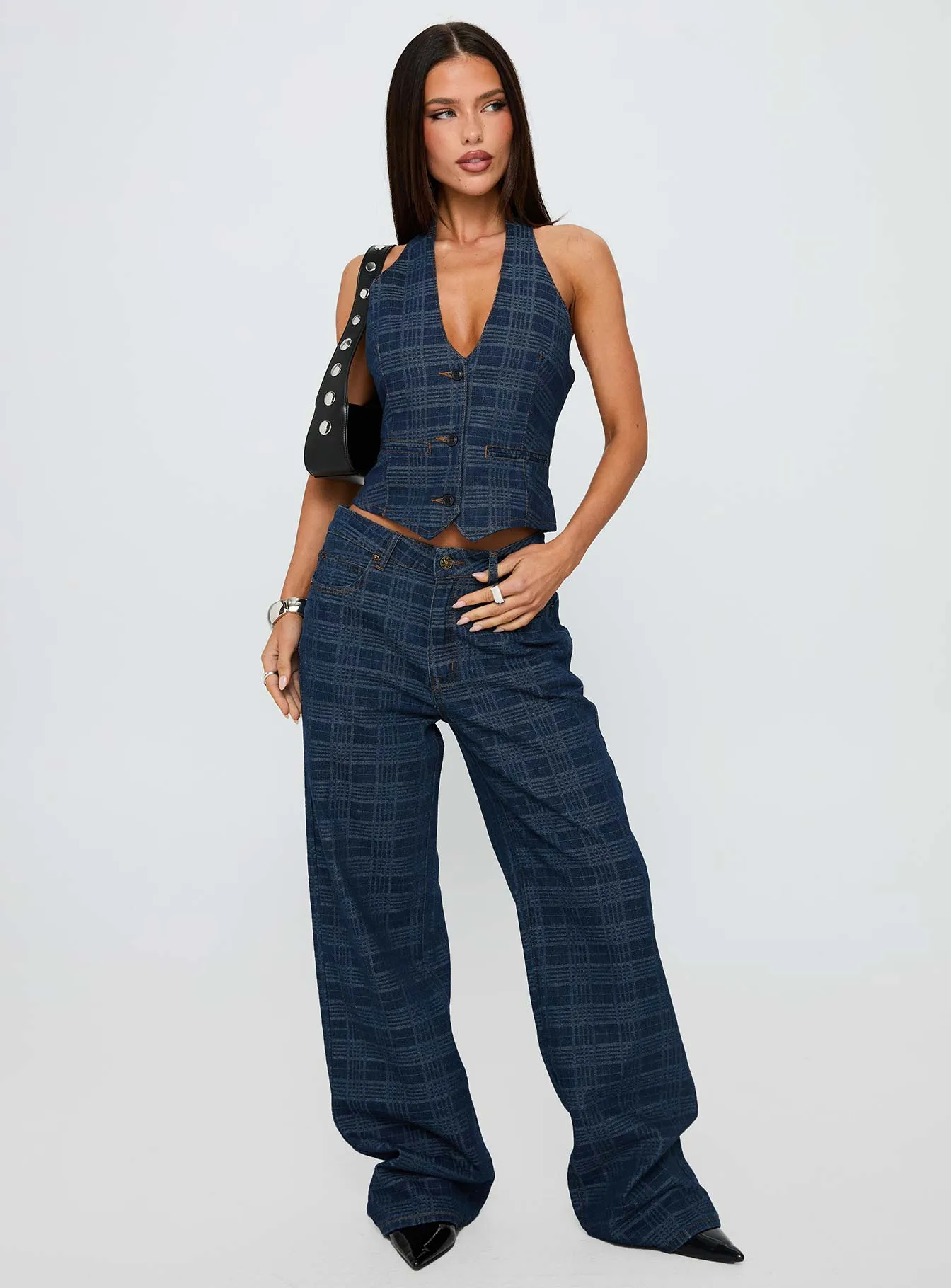 Relaxed Thigh Cut Top Model Low Rise Straight Leg Jeans Indigo Plaid