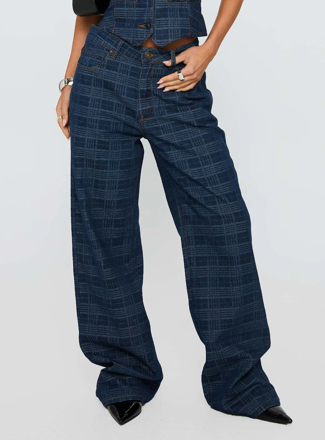 Top Model Low Rise Straight Leg Jeans Indigo Plaid Permanent Crease Retention