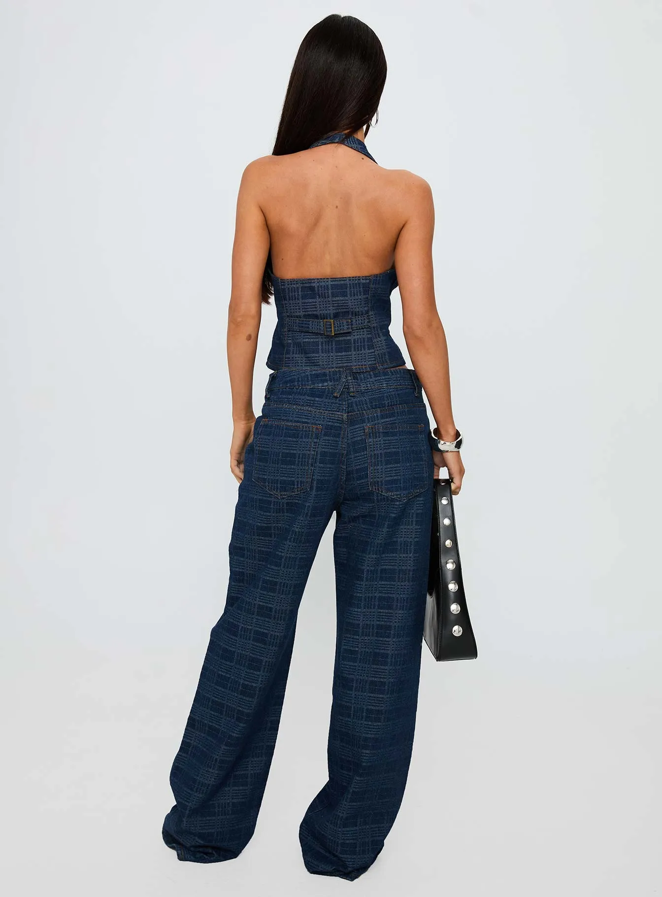 Everyday Style Top Model Low Rise Straight Leg Jeans Indigo Plaid