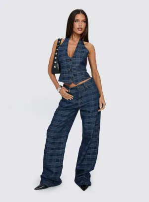 Top Model Low Rise Straight Leg Jeans Indigo Plaid Common Outfit Couple Look Athlete Fit Festival Outfit