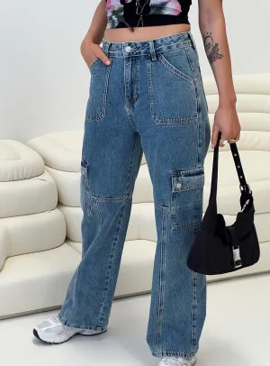 Vincent Cargo Jeans Dark Wash Denim Durable Rivet Hardware