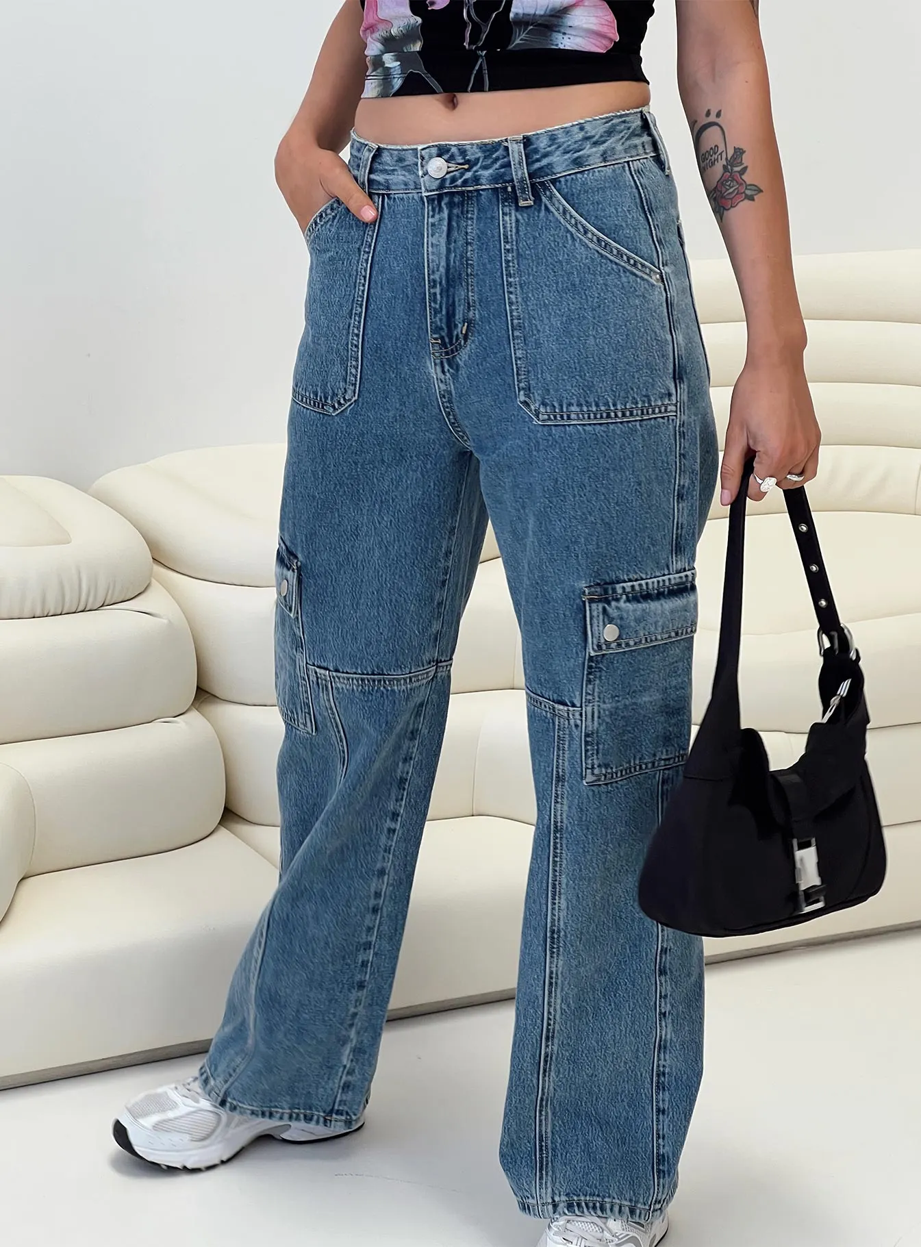 Vincent Cargo Jeans Dark Wash Denim Durable Rivet Hardware