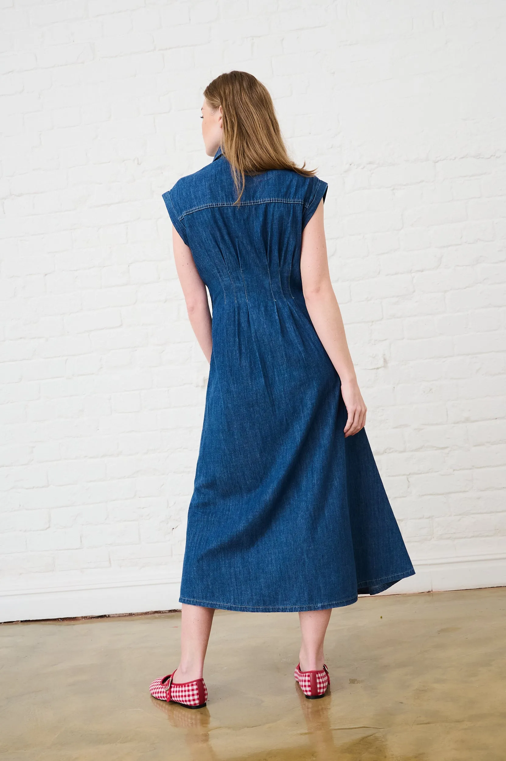 Clear Tone Denim Pin Tuck Shirt Dress