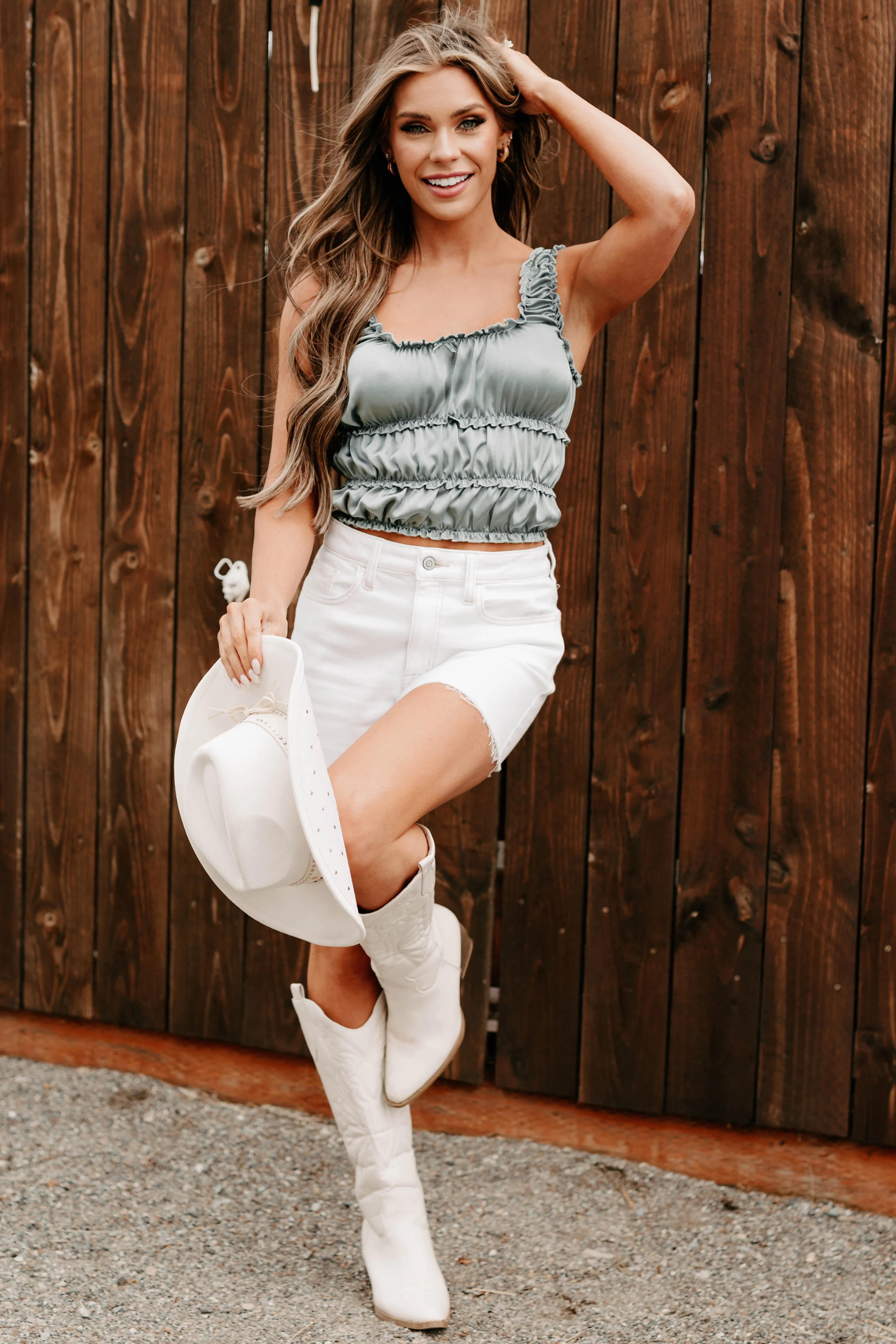 Luxe On Loop Ruched Satin Sleeveless Top (Sage Green) Dynamic Tension Control marine