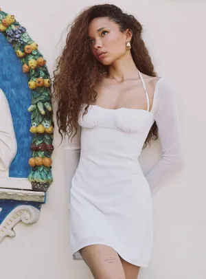 Slim Profile Layered Neckline Dyer Sheer Sleeve Mini Dress White Low Impact