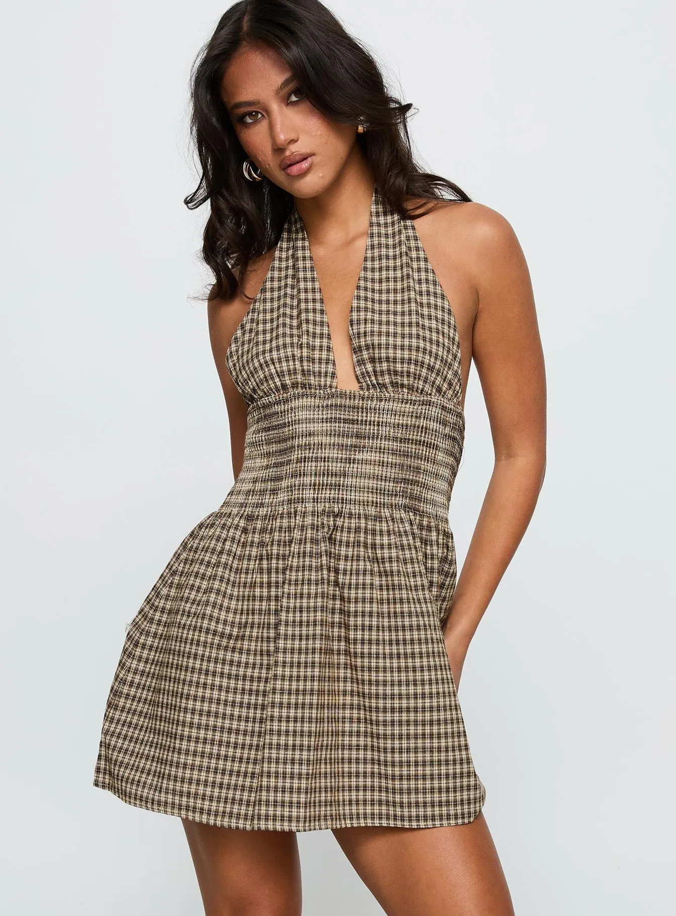 Angle Look Urban Light Juanette Halter Mini Dress Brown Check