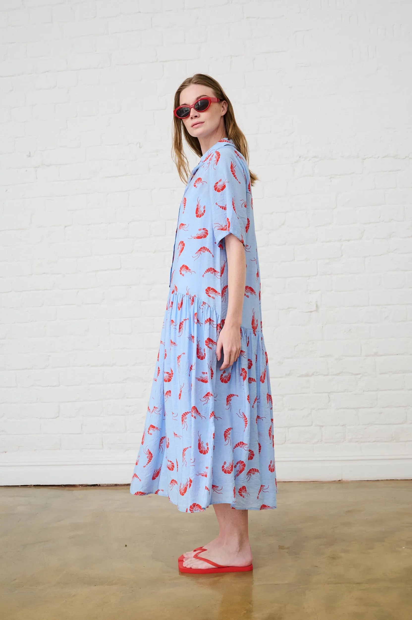 Planet Care The Dropped Waist Shirtdress in Prawn Print