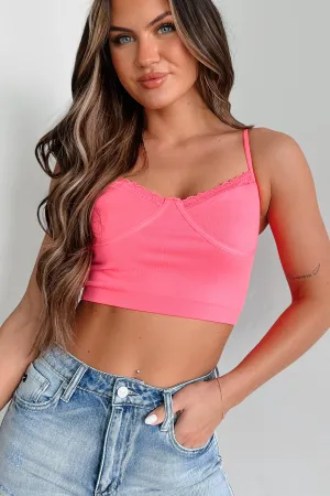 Comfort Fit Multi Use Dedicated To The Truth Lace Trim Cami Crop Top (Neon Pink)