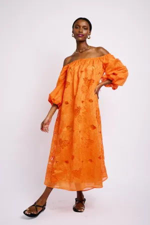 Vacation Mood Functional Fit Off the Shoulder Anglaise Dress in Coral