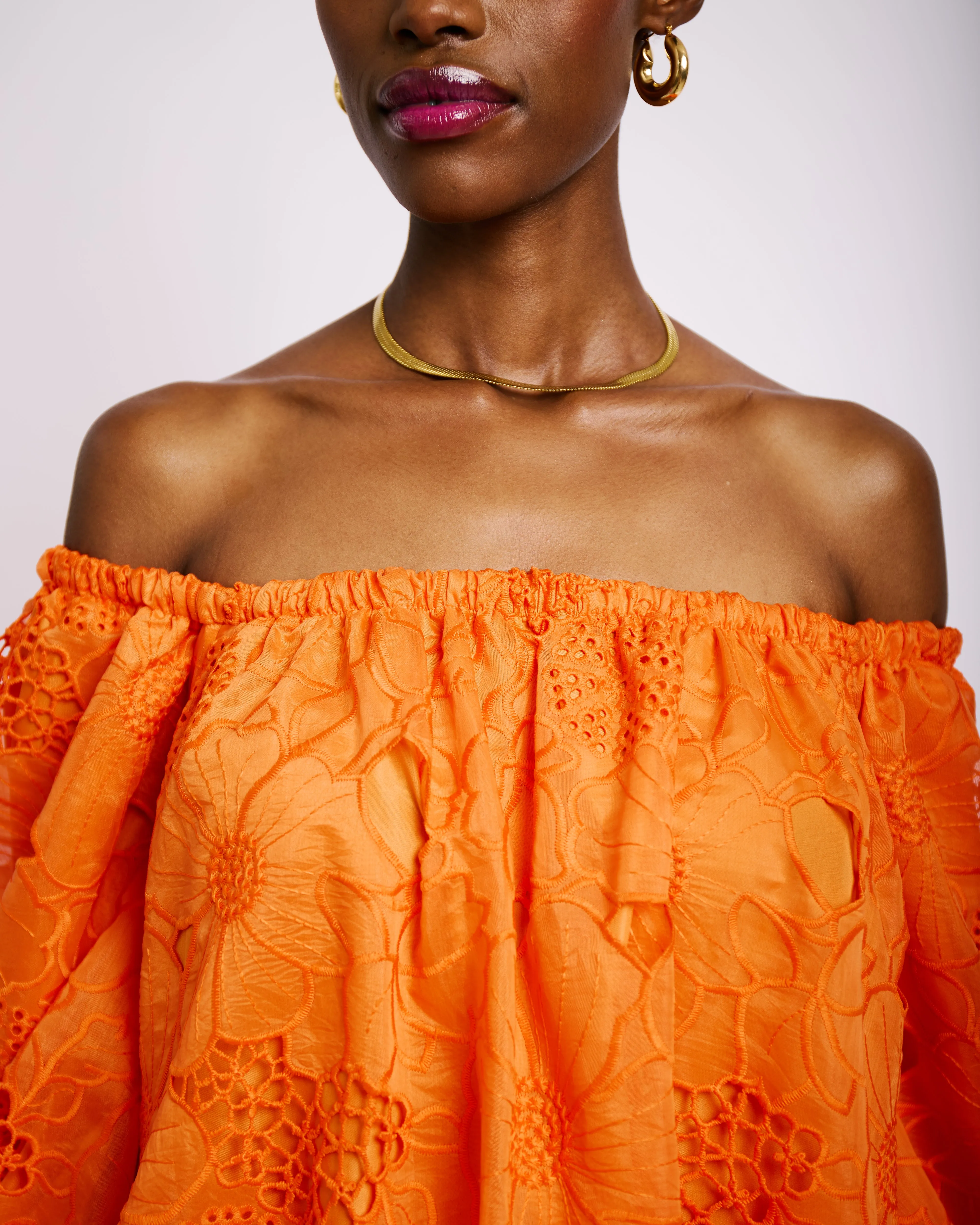 Off the Shoulder Anglaise Dress in Coral ComfortWaistband